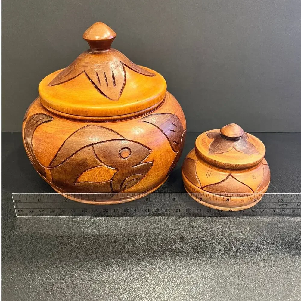 Haitian Hand-Carved Two Toned Monkey Pod Wood Lidded Bowls Vintage Folk Art Fish